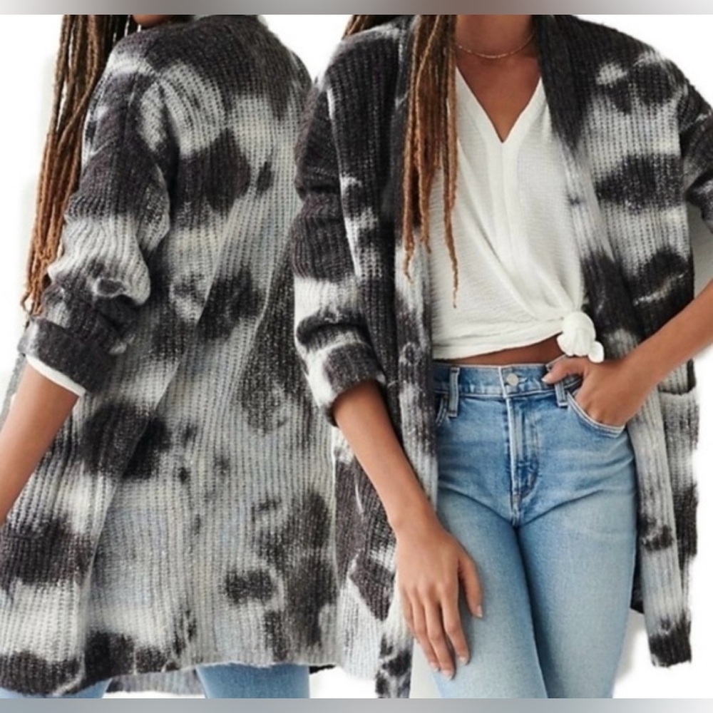 Anthropologie Avalon XL Black gray TieDye Chunky Knit Open Front Boho Cardigan